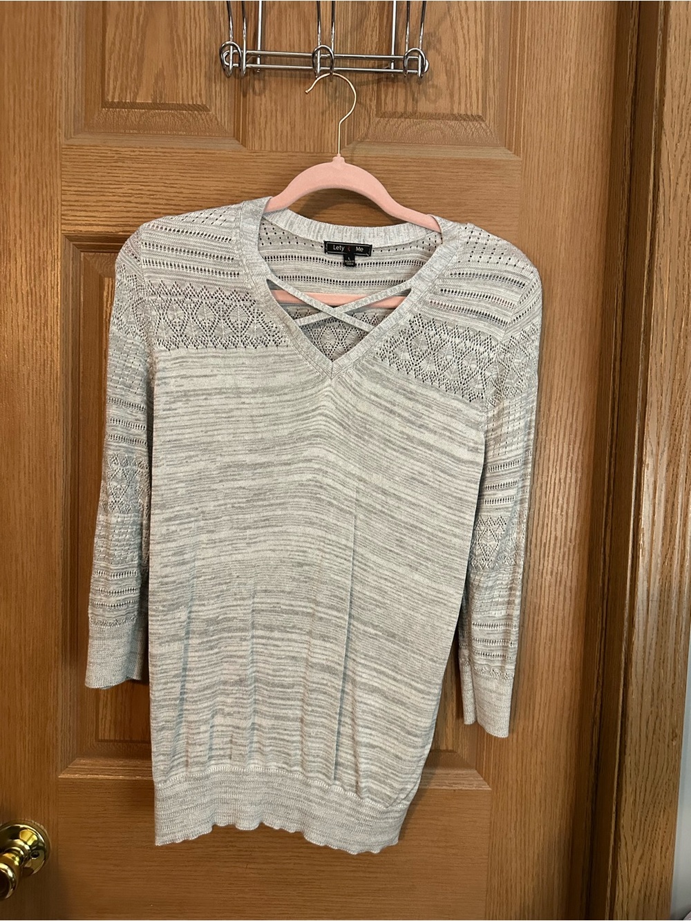 STITCH FIX- Lety & Me Light Gray Lace Yoke V-Neck Sweater with Crisscross Detail